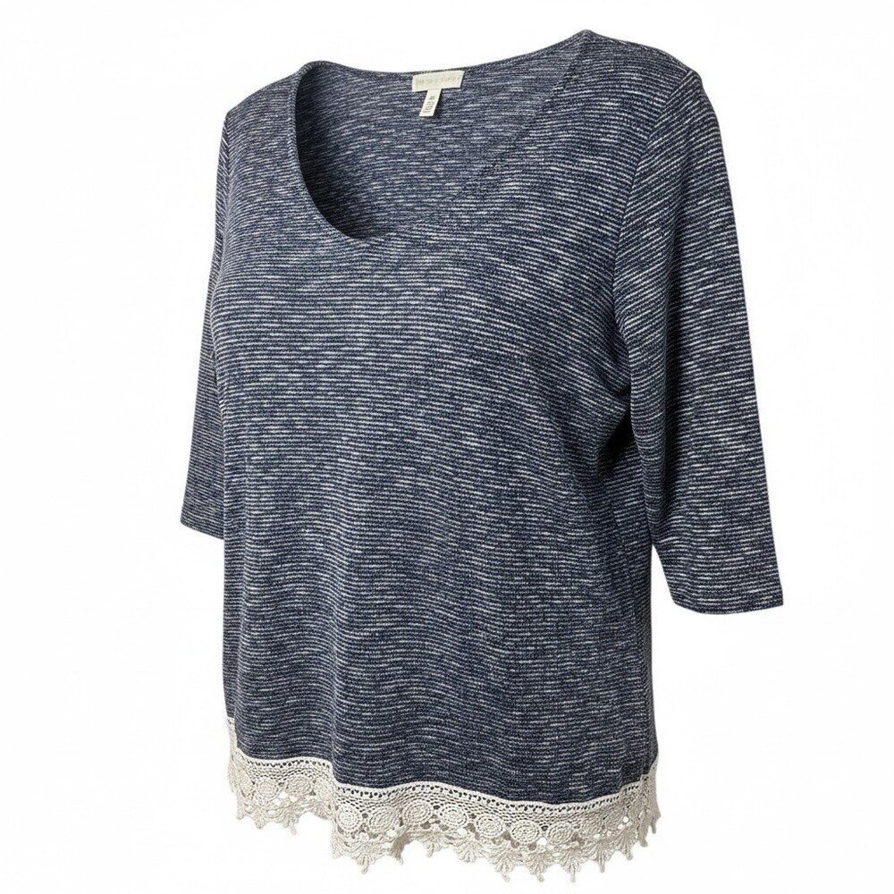 Kate & Sam Pullover Plus Size Blue 3/4 Sleeve Top With Bottom Crochet Accent 1X
